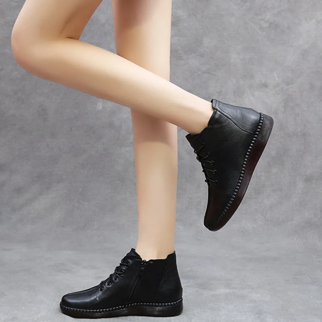 Autumn Winter Leather Soft Shoes Short Women's Boots 41