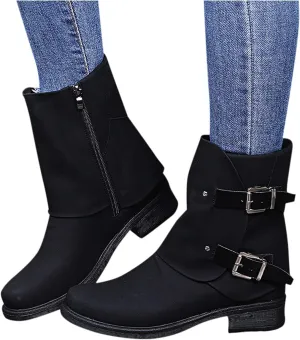 Bcshiye Women's Ankle Boots Thick Heel Low Heeled Mid Calf Buckle Combat Boots Side Zipper Retro Motorcycle Boots