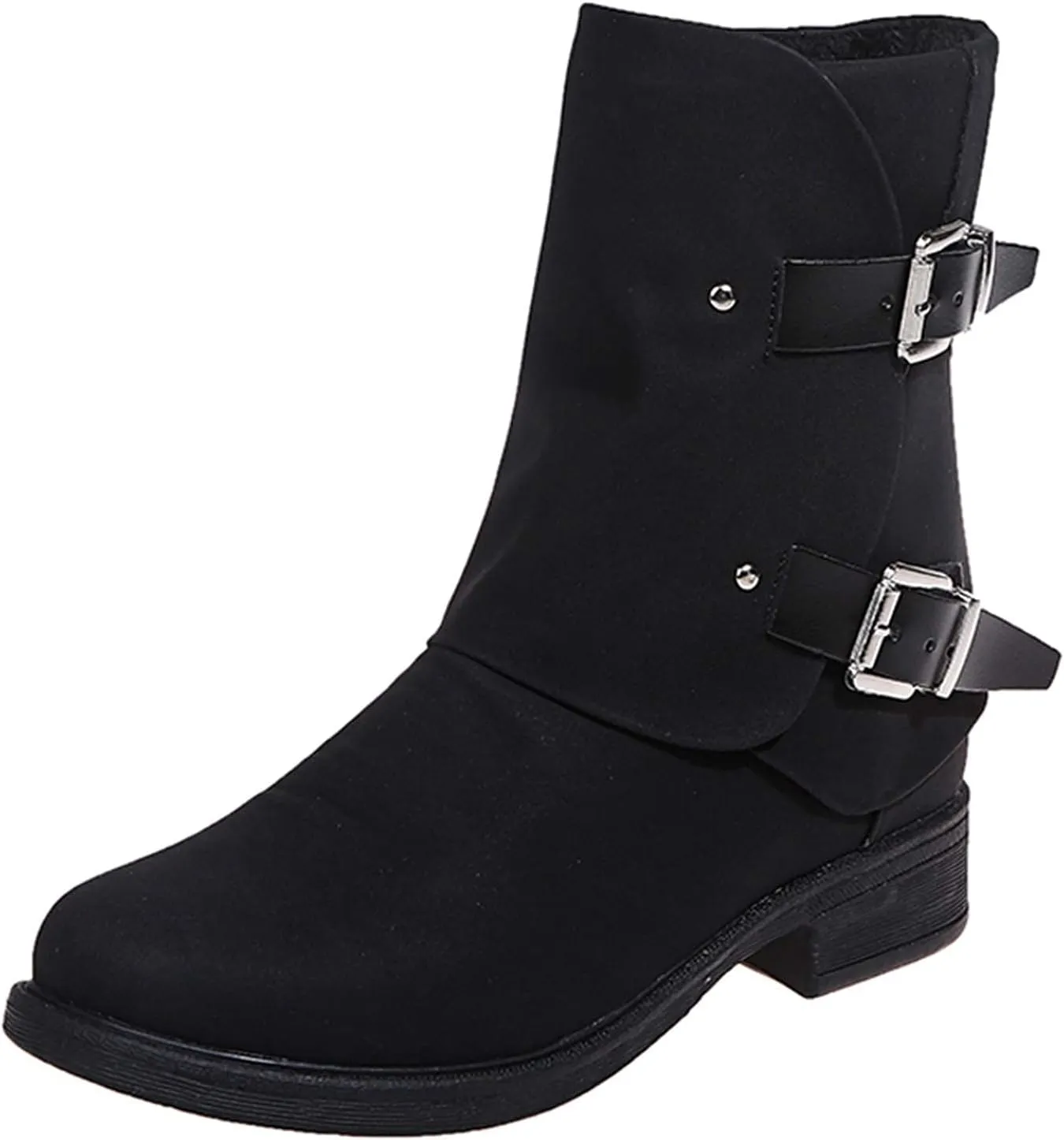 Bcshiye Women's Ankle Boots Thick Heel Low Heeled Mid Calf Buckle Combat Boots Side Zipper Retro Motorcycle Boots