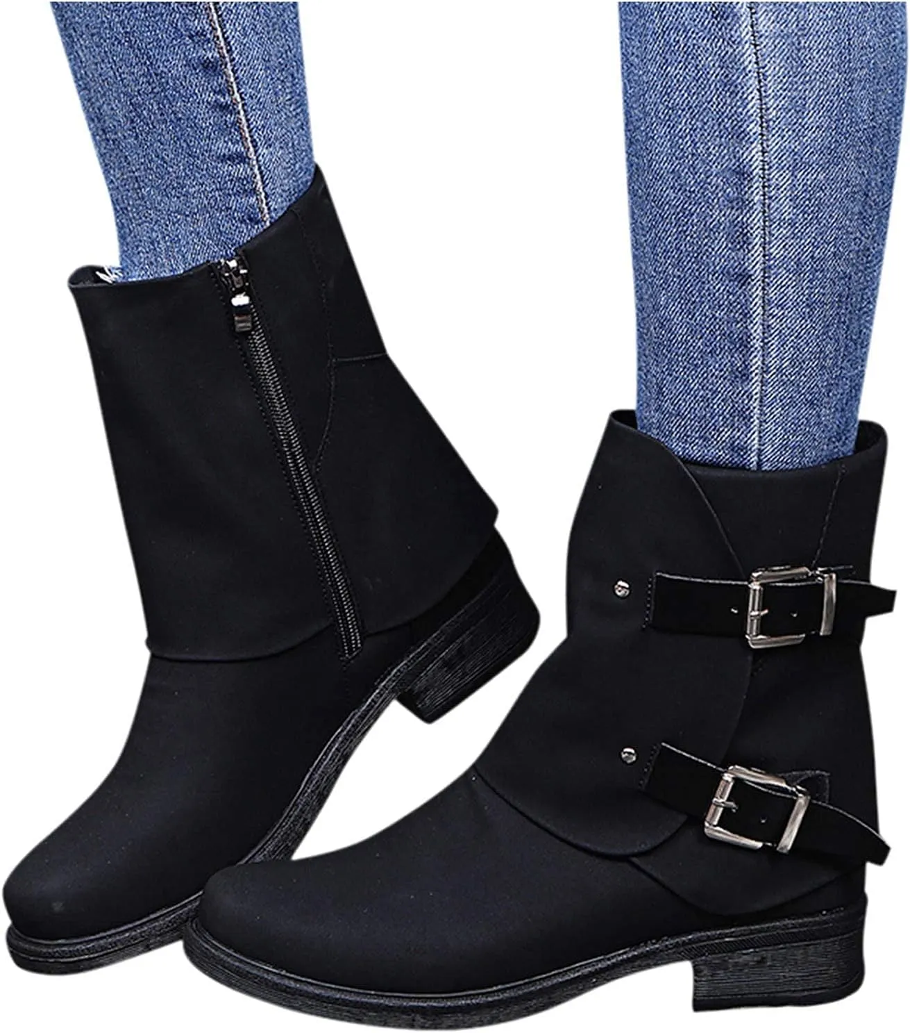 Bcshiye Women's Ankle Boots Thick Heel Low Heeled Mid Calf Buckle Combat Boots Side Zipper Retro Motorcycle Boots