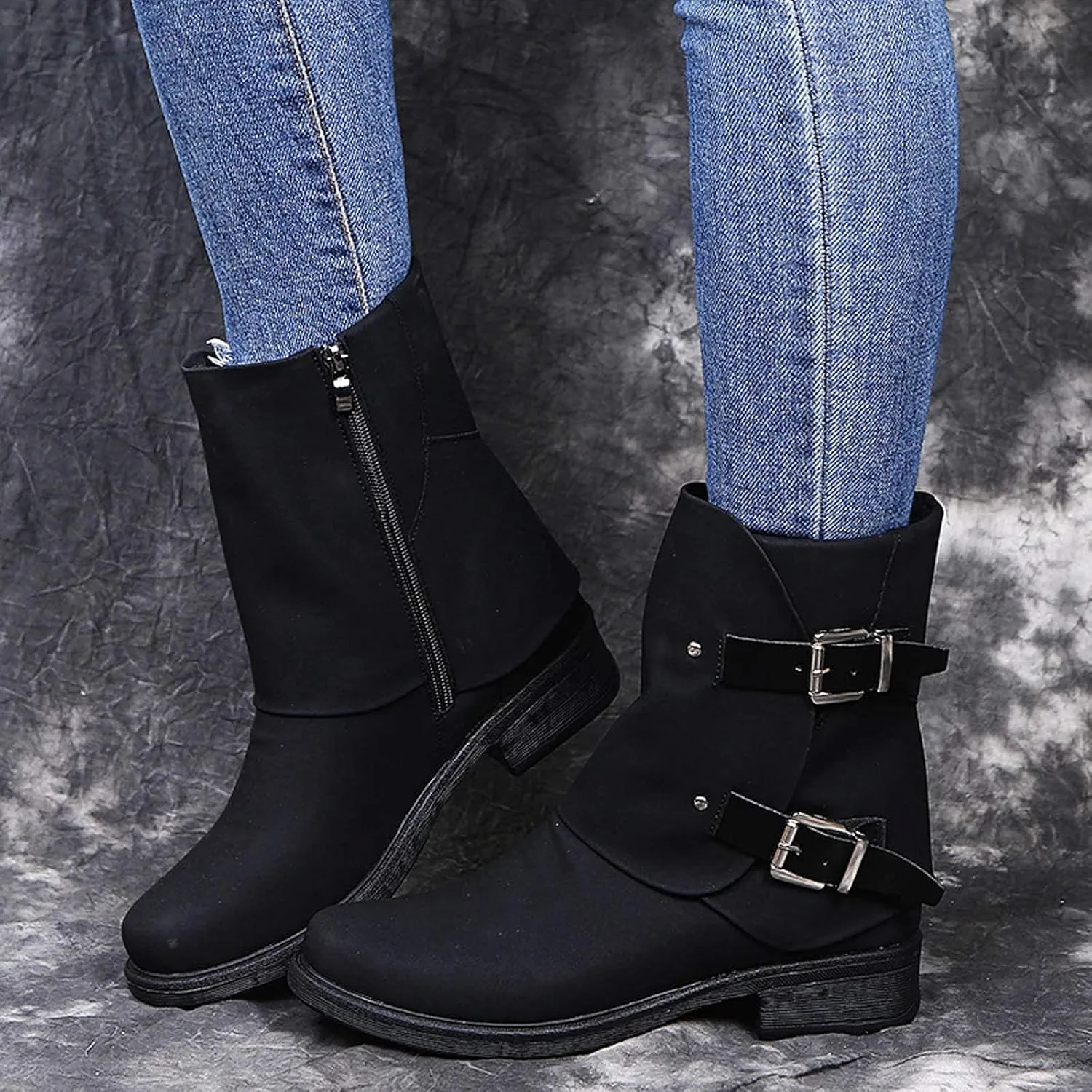 Bcshiye Women's Ankle Boots Thick Heel Low Heeled Mid Calf Buckle Combat Boots Side Zipper Retro Motorcycle Boots