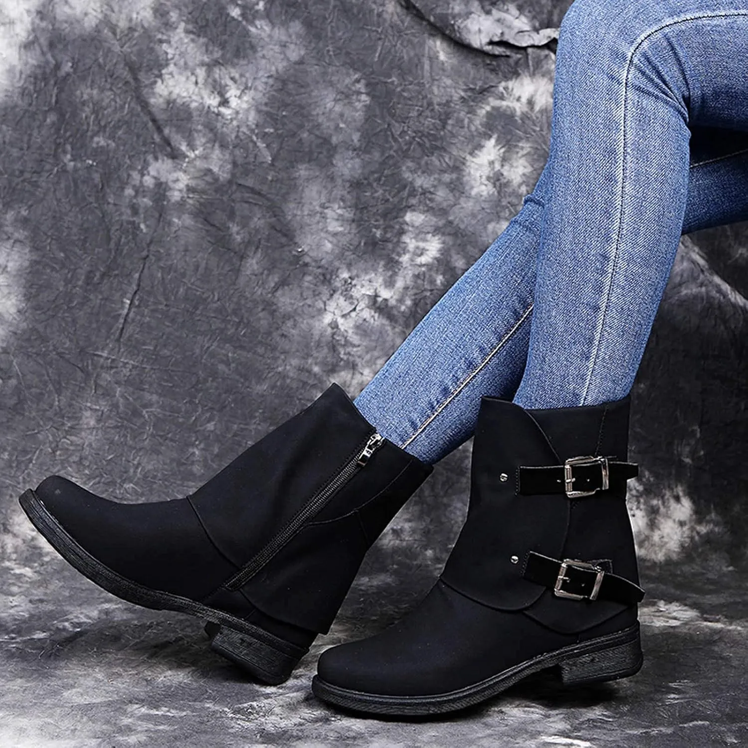 Bcshiye Women's Ankle Boots Thick Heel Low Heeled Mid Calf Buckle Combat Boots Side Zipper Retro Motorcycle Boots