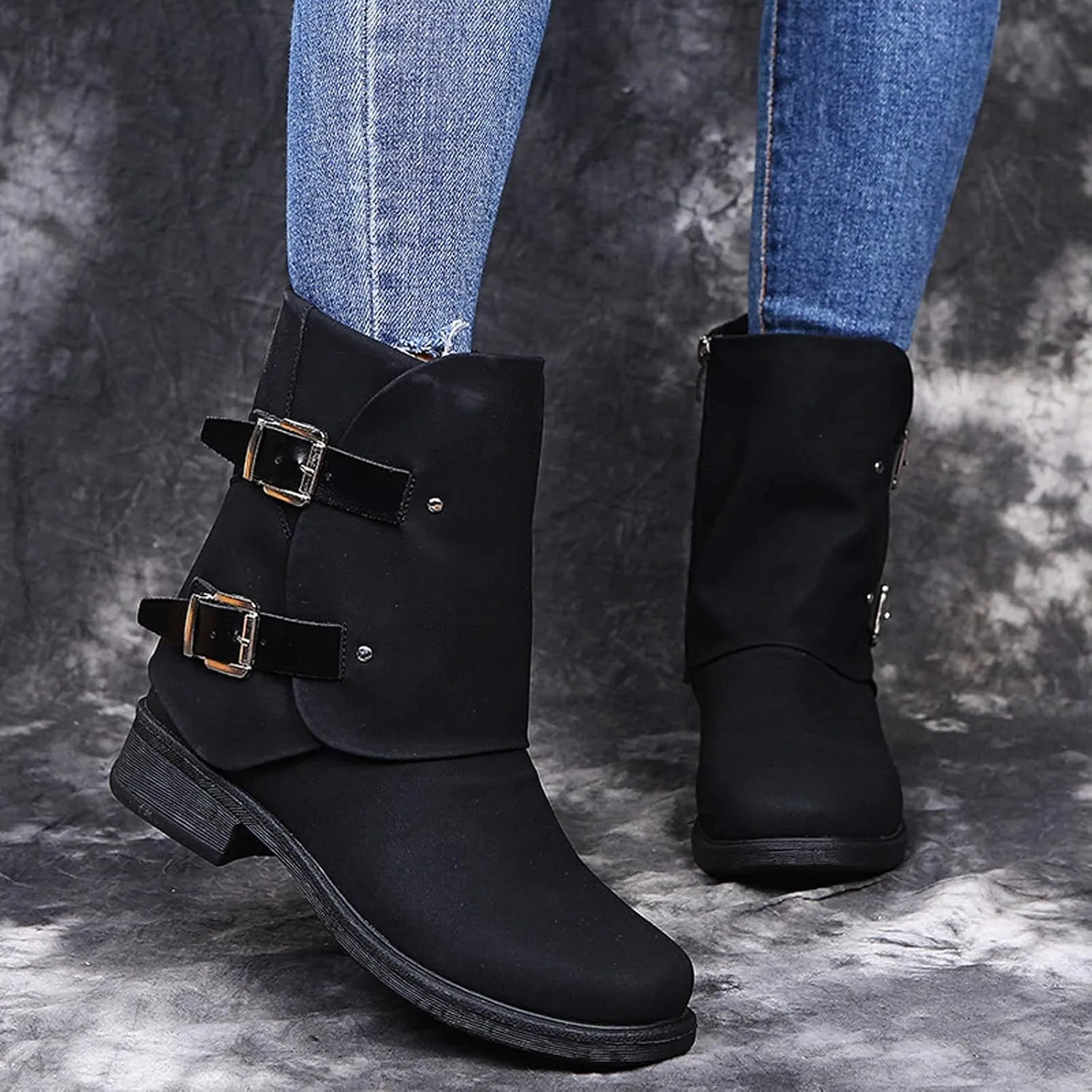Bcshiye Women's Ankle Boots Thick Heel Low Heeled Mid Calf Buckle Combat Boots Side Zipper Retro Motorcycle Boots