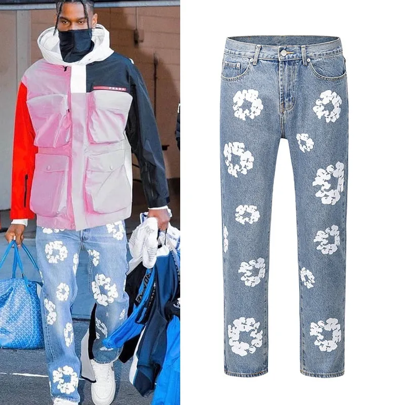Flower White Printed Straight Jeans
