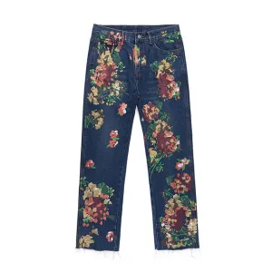 Flower White Printed Straight Jeans