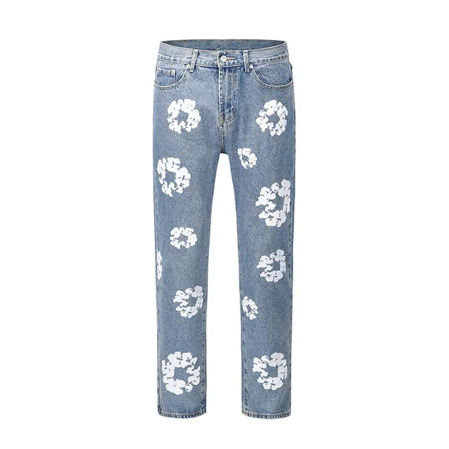 Flower White Printed Straight Jeans