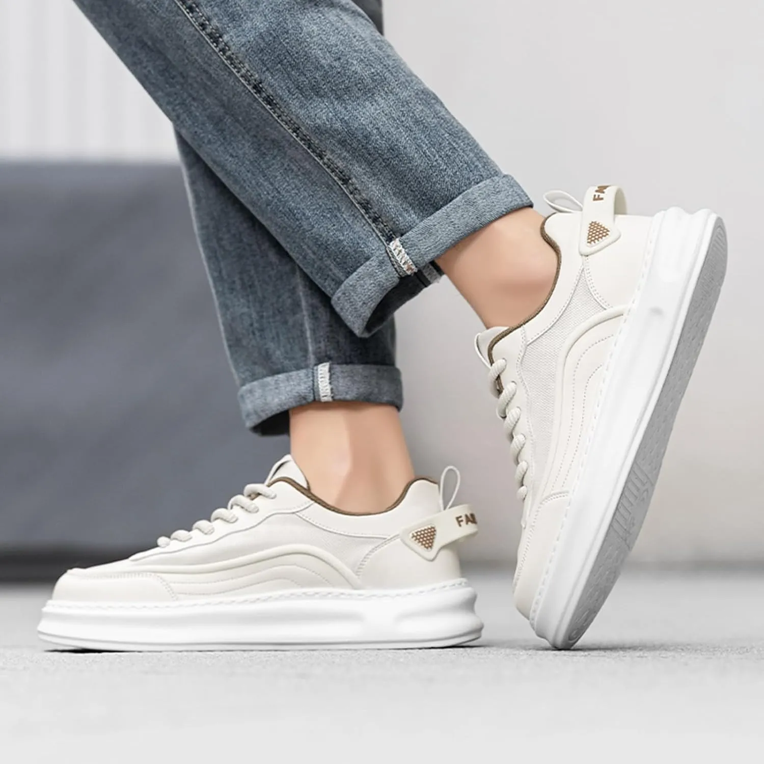 Men's Fashion Leather Platform Lace Up Sneakers Casual Retro Lightweight Round Toe Non Slip Walking Daily Skating Shoes