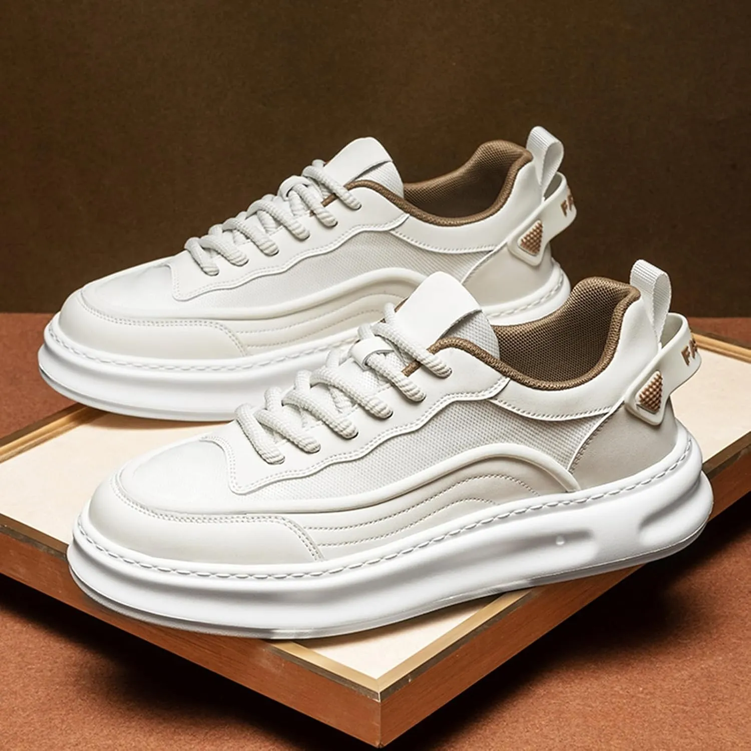 Men's Fashion Leather Platform Lace Up Sneakers Casual Retro Lightweight Round Toe Non Slip Walking Daily Skating Shoes