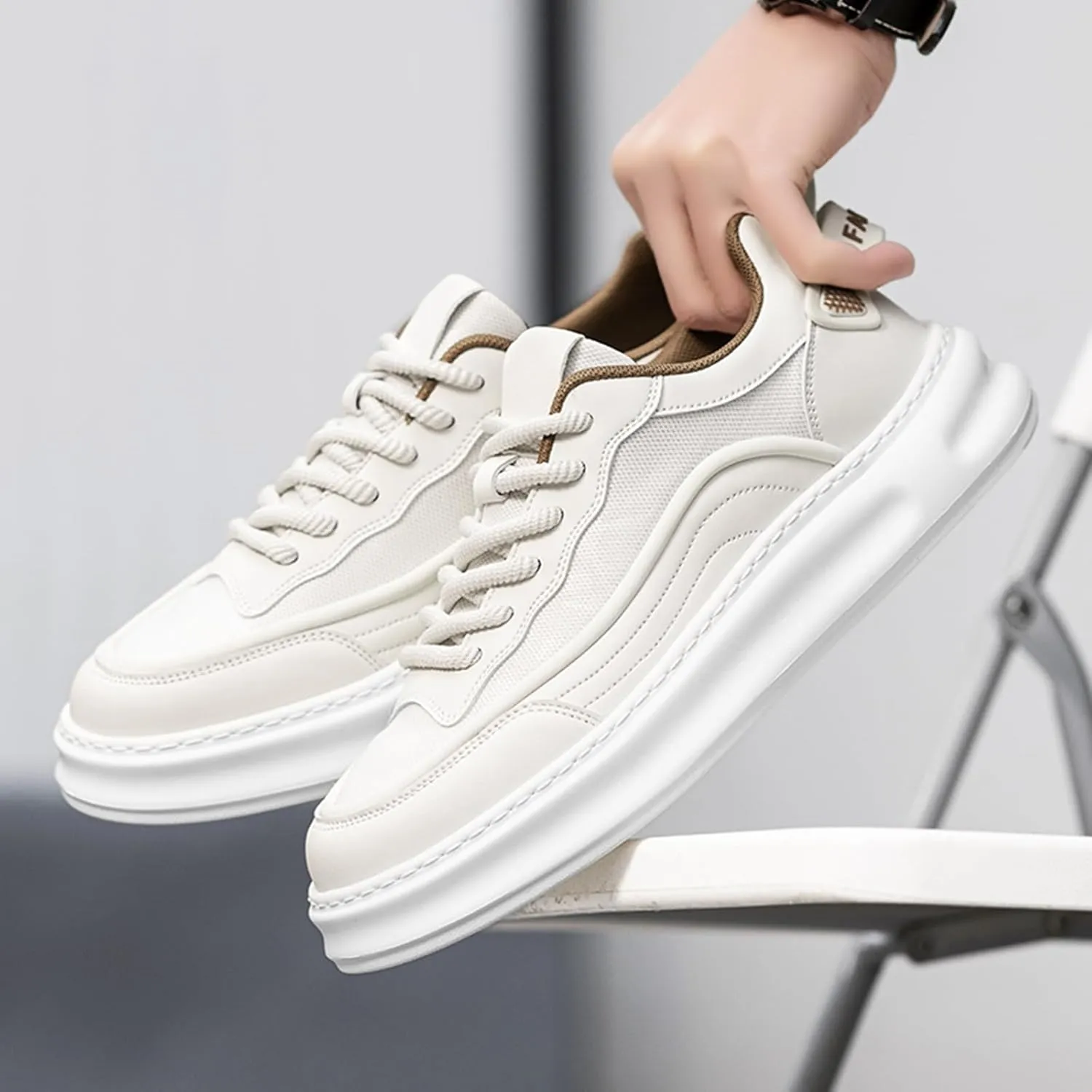 Men's Fashion Leather Platform Lace Up Sneakers Casual Retro Lightweight Round Toe Non Slip Walking Daily Skating Shoes