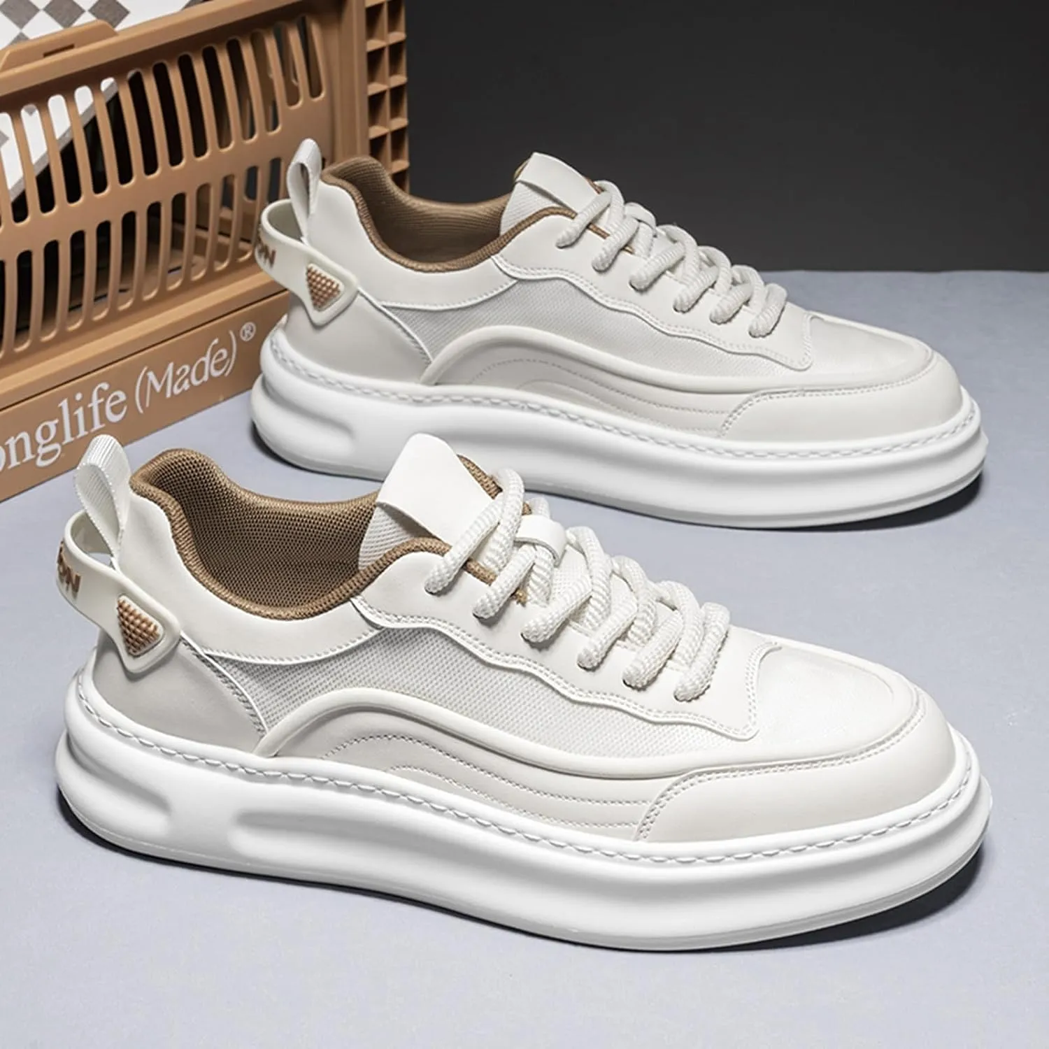 Men's Fashion Leather Platform Lace Up Sneakers Casual Retro Lightweight Round Toe Non Slip Walking Daily Skating Shoes