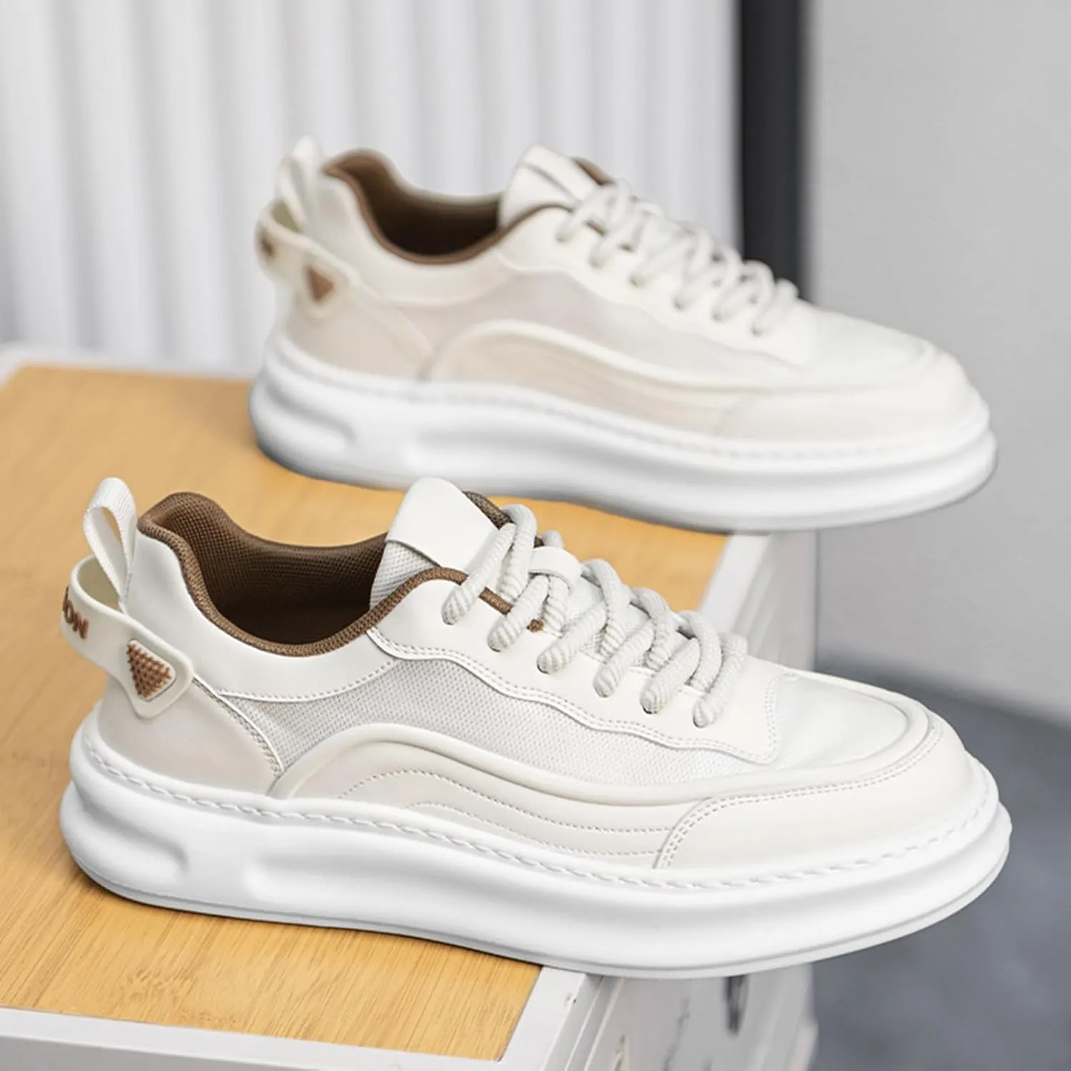 Men's Fashion Leather Platform Lace Up Sneakers Casual Retro Lightweight Round Toe Non Slip Walking Daily Skating Shoes