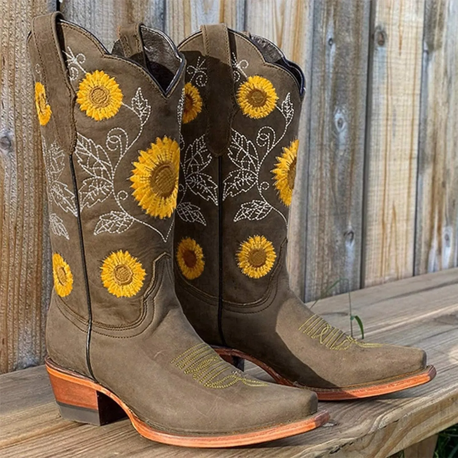 ZBYY Women's Knee High Boots,Winter Square Toe Western Cowboy Dress Boots Mid Calf Low Heel Floral Embroidered Booties