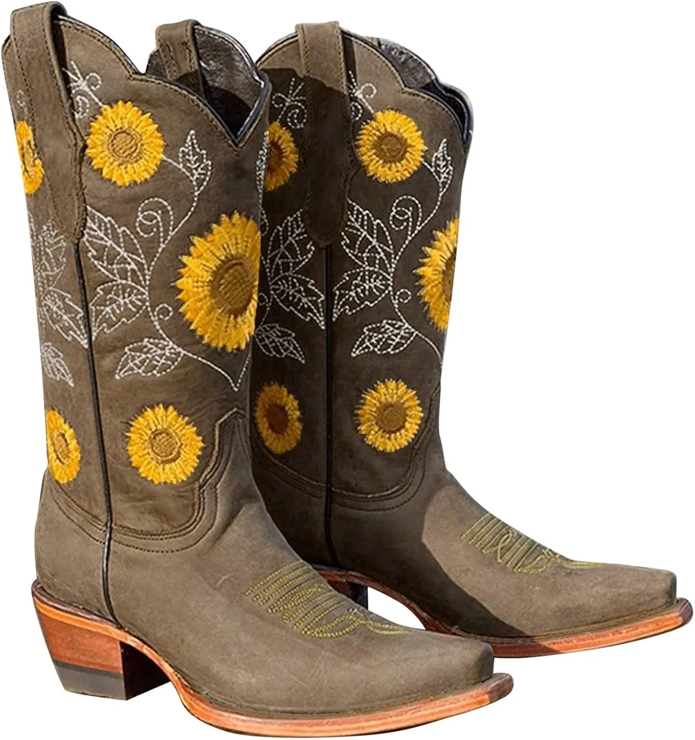 ZBYY Women's Knee High Boots,Winter Square Toe Western Cowboy Dress Boots Mid Calf Low Heel Floral Embroidered Booties
