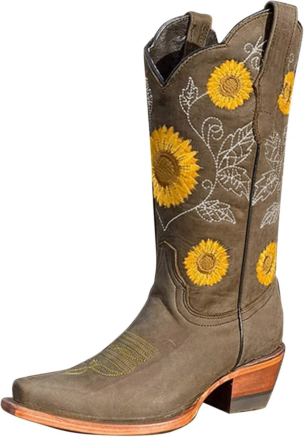 ZBYY Women's Knee High Boots,Winter Square Toe Western Cowboy Dress Boots Mid Calf Low Heel Floral Embroidered Booties