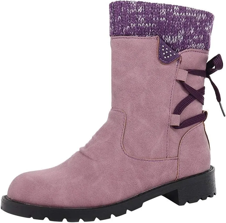 ZBYY Women's Knee High Riding Boots Winter Vintage Lace up Mid Calf Knee High Boots Side Zipper Round Toe Low Heel Boots