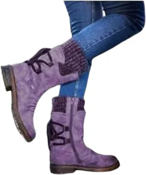 ZBYY Women's Knee High Riding Boots Winter Vintage Lace up Mid Calf Knee High Boots Side Zipper Round Toe Low Heel Boots
