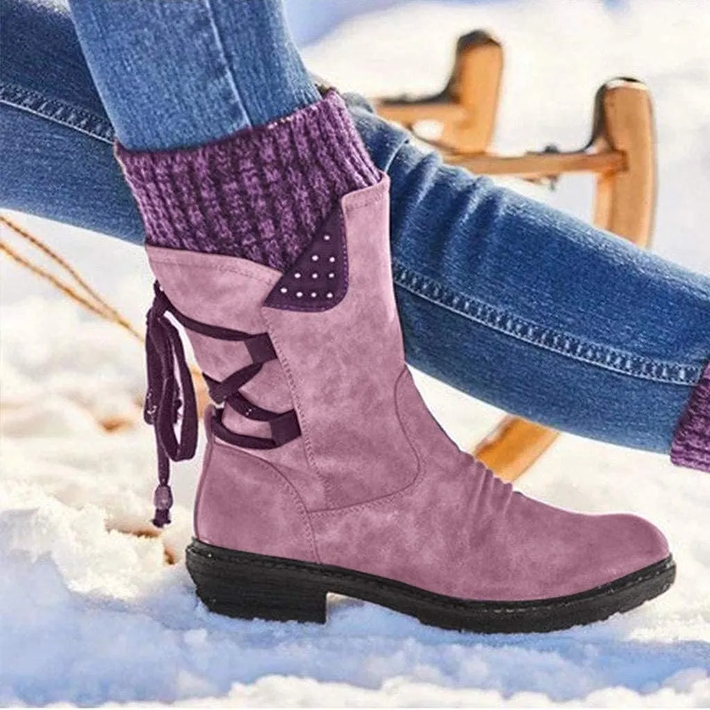 ZBYY Women's Knee High Riding Boots Winter Vintage Lace up Mid Calf Knee High Boots Side Zipper Round Toe Low Heel Boots