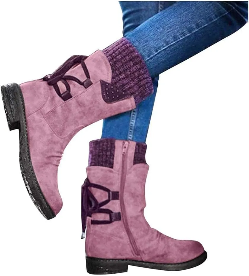 ZBYY Women's Knee High Riding Boots Winter Vintage Lace up Mid Calf Knee High Boots Side Zipper Round Toe Low Heel Boots