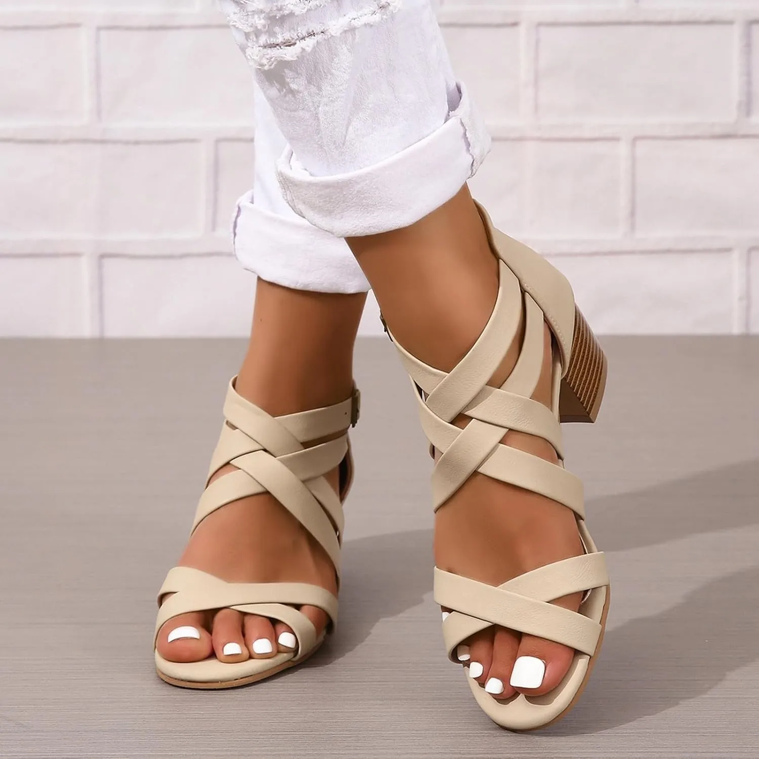 ZBYY Women's Low Chunky Heels Dress Pump Open Toe Cross Ankle Strap Wedding Block Heeled Sandals
